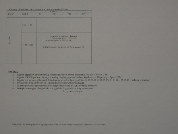 Plan zajęć - I rok WWL, 2007/2008, semestr II letni