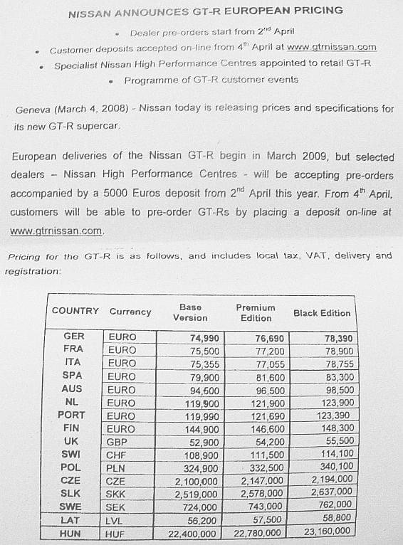 Nissan GT-R European Pricing