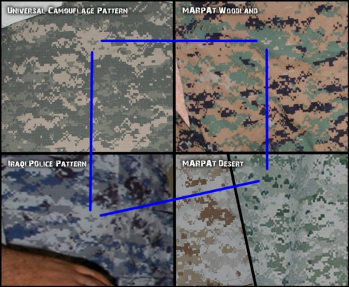 Porównanie wzorów maskujących: MARPAT Woodland, MARPAT Desert, Universal Camouflage Pattern i pikselowego kamuflażu irackiej policji